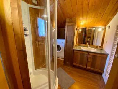 a bathroom with a shower and a sink at Chalet massif du Mont Blanc St Gervais Megeve in Saint-Gervais-les-Bains