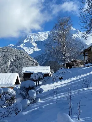 a lake with trees and a mountain in the background at Chalet massif du Mont Blanc St Gervais Megeve in Saint-Gervais-les-Bains