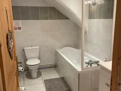 a bathroom with a toilet and a tub and a sink at Ferme rénovée 4 ch, 3 sdb, PARKING, WIFI, proche pistes et commerces - FR-1-572-25 in Arâches-la-Frasse