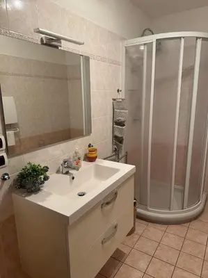 a bathroom with a sink and a shower at Belle Vue de St Gervais in Saint-Gervais-les-Bains