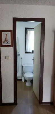 a bathroom with a toilet and a window at Le Petit Cocon in Les Houches