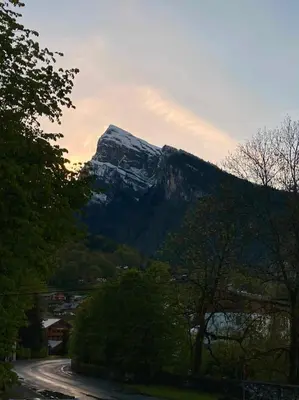 a mountain in the distance with a road and trees at Les deux loups in Samoëns