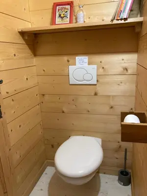 a bathroom with a toilet in a wooden wall at Les deux loups in Samoëns
