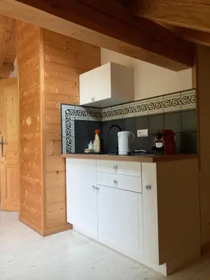 a kitchen with white cabinets and a counter top at Les deux loups in Samoëns