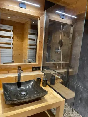 a bathroom with a sink and a shower at Marmotte du Jaillet Cosy and charmant appartement in Demi-Quartier