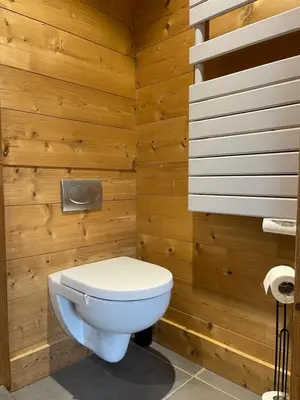 a bathroom with a white toilet in a wooden wall at Marmotte du Jaillet Cosy and charmant appartement in Demi-Quartier