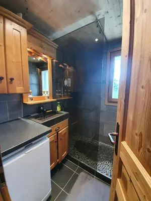 a kitchen with a shower and a sink and a refrigerator at MAGNIFIQUE APPARTEMENT AVEC TERRASSE et VUE IMPRENABLE SUR LE CIRQUE DE FLAINE, 2 chambres et coin montagne, 6 personnes in Flaine