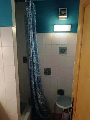 a bathroom with a shower with a blue shower curtain at Le chalet de Julbert in Combloux