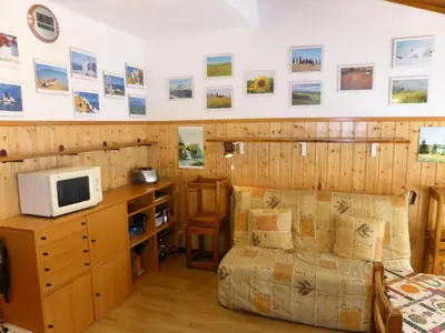 a bedroom in a cabin with a bed and a microwave at Résidence Combettes - Combettes D292 MAE-5624 in Les Contamines-Montjoie
