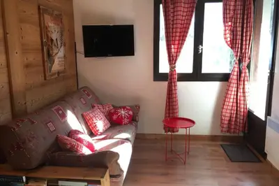 a living room with a couch with red pillows at Charmant appartement, centre ville, vue Mont-Blanc in Chamonix-Mont-Blanc