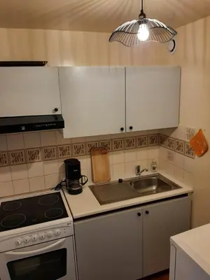 a kitchen with a sink and a stove top oven at Appartement avec terrasse centre samoens in Samoëns