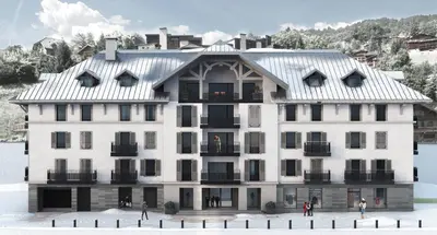 a large white building with people standing in front of it at Apartment Gallery Mont Blanc Saint-Gervais-Les-Bains in Saint-Gervais-les-Bains