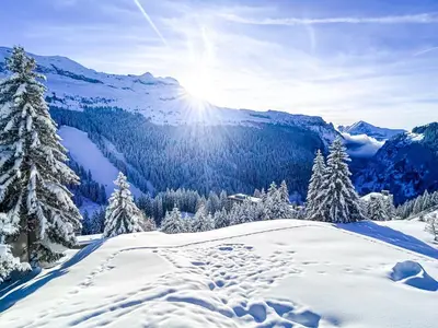 a snow covered mountain with the sun in the background at Next to the pistes, 1-bedroom family apartment in Flaine