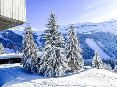 a winter view of snow covered trees on a mountain at Next to the pistes, 1-bedroom family apartment in Flaine