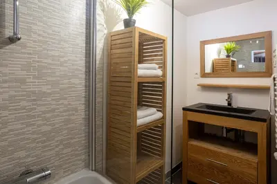 a bathroom with a shower and a sink at Neige Apartment - Chamonix All Year in Chamonix-Mont-Blanc