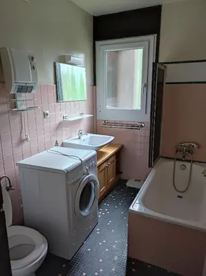 a bathroom with a washing machine and a sink at Appartement proche village et remontées mécaniques in Saint-Gervais-les-Bains
