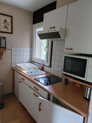 a small kitchen with a sink and a microwave at Appartement proche village et remontées mécaniques in Saint-Gervais-les-Bains