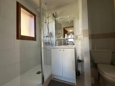 a bathroom with a shower and a sink and a toilet at Confortable appartement 3 chambres avec WiFi pour 8 personnes - FR-1-642-7 in Morillon