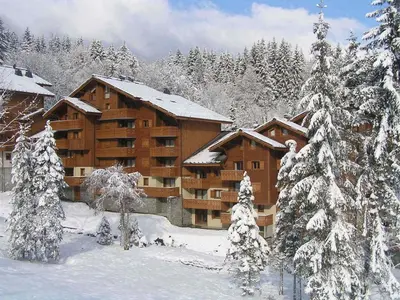 a large wooden building in the snow with trees at Appartement 7 pers, proche des pistes, balcon - FR-1-642-40 in Morillon