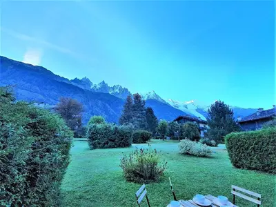 a green field with trees and mountains in the background at Chamonix Appartement Vue Mont Blanc avec jardin in Chamonix-Mont-Blanc