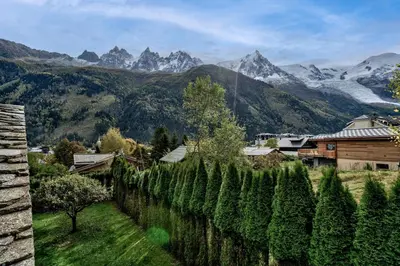 a view of a vineyard with mountains in the background at Chalet Alouette in Chamonix-Mont-Blanc
