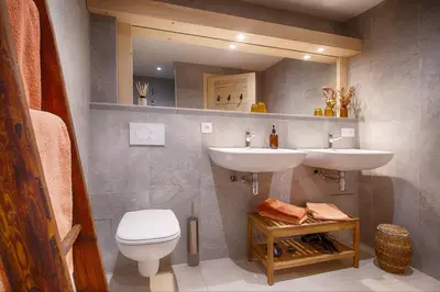a bathroom with a sink and a toilet and a mirror at La Ferme des Fingères in Cordon