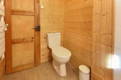 a bathroom with a toilet and a wooden wall at Le Petite Chalet Tourmente in Chamonix-Mont-Blanc