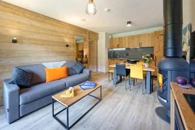 a living room with a couch and a stove at Résidence Club MMV Samoens Village in Samoëns