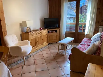 a living room with a couch and a tv at Appartement sud chaleureux, proche centre et ski, WIFI - FR-1-624-14 in Samoëns