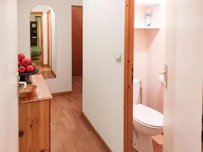 a bathroom with a toilet and a bowl of apples at Chemin du Sapi - Private Garden - Center of Cham - MontBlanc Views in Chamonix-Mont-Blanc