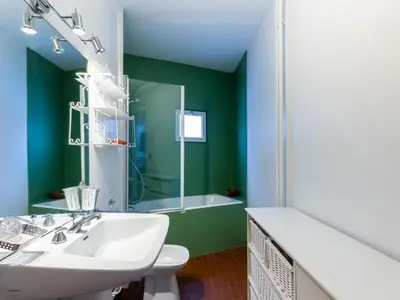 a bathroom with a white sink and a green wall at Apartment Le Beau Site by Interhome in Chamonix-Mont-Blanc