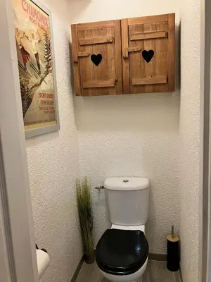 a bathroom with a toilet with a black seat and wooden cabinets at CHAMONIX CENTRE le Grepon in Chamonix-Mont-Blanc