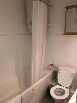 a bathroom with a toilet and a bathtub with a shower curtain at Little Mont Blanc - Saint Gervais in Saint-Gervais-les-Bains