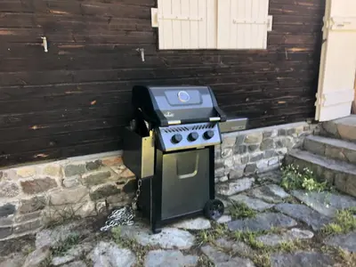 a gas stove sitting next to a brick wall at Chalet LE TRIOLET in Chamonix-Mont-Blanc