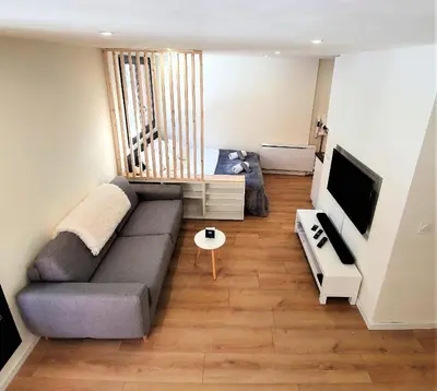 a living room with a couch and a tv at Grand Studio Aiguille du Midi et vue Mont Blanc in Chamonix-Mont-Blanc