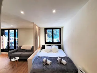 a small bedroom with a bed and a couch at Grand Studio Aiguille du Midi et vue Mont Blanc in Chamonix-Mont-Blanc