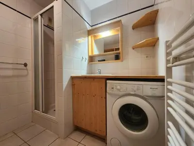 a laundry room with a washing machine and a shower at Appartement confort 4 pers avec balcon et garage, coeur de Samoëns - FR-1-629-101 in Samoëns