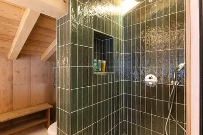 a bathroom with a shower with green tiles at Chalet L'Oratoire & Mazot - Renovated Historic Chalet - Huge Garden & Separate Cabin for 2 in Les Houches