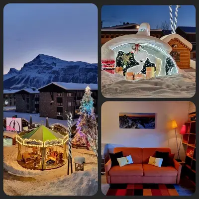 a collage of four pictures of a house with a snow dome at Vintage chic -central, wifi, mountain view-BelleVue3 in Les Carroz d'Araches