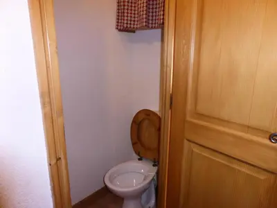 a small bathroom with a toilet with a wooden door at Résidence Les Carlines - Carlines 3 MAE-8424 in Les Contamines-Montjoie