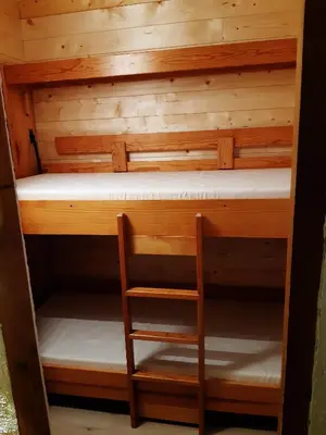 a bunk bed with a ladder in a wooden cabin at Appartement meublé avec vue sur les montagnes et piscine l'été in Saint-Gervais-les-Bains