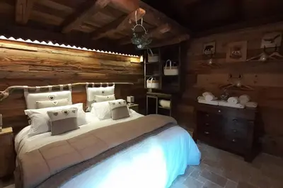 a bedroom with a large bed and a wooden wall at Calme et sérénité - établissement classé in Sixt