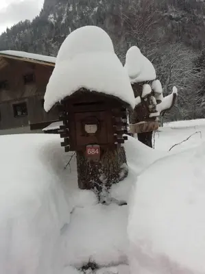a bird house covered in snow in front of a house at Calme et sérénité - établissement classé in Sixt