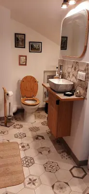 a bathroom with a sink and a toilet at New Spacious Appart. Incredible view of Mt Blanc in Passy