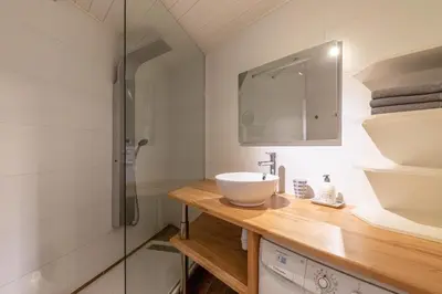 a bathroom with a sink and a shower at Cocon du Lachat in Saint-Gervais-les-Bains