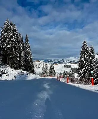 a road covered in snow with trees in the background at Plein Soleil 3 bedroom apartment with stunning mountain views in Samoëns