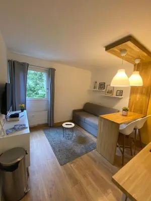 a small living room with a couch and a table at Centre Saint-Gervais studio Jaune moderne proche télécabine 2 pers in Saint-Gervais-les-Bains