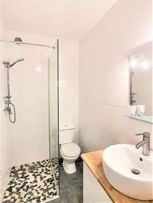 a bathroom with a shower and a sink and a toilet at Centre Saint-Gervais studio Jaune moderne proche télécabine 2 pers in Saint-Gervais-les-Bains