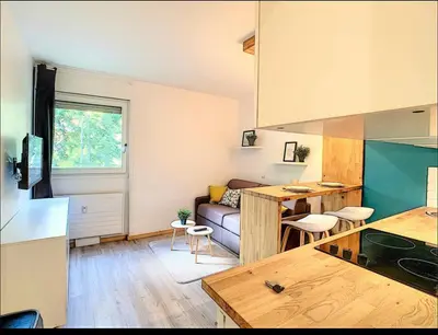 a small kitchen and living room with a couch at Centre Saint-Gervais Studio Vert moderne 2 pers proche télécabine in Saint-Gervais-les-Bains