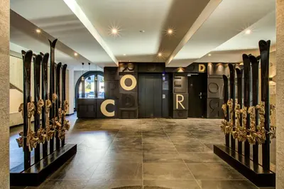 a room with a bunch of skis on display at La Cordee 623-Luxury apartment with mountain view and SPA in Chamonix-Mont-Blanc